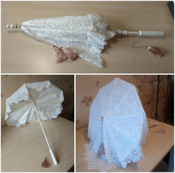 Parasolletje gemaakt van een basisframe dat ik heb ingekort, geschilderd, en bekleed heb met kant en voeringstof. Victoriaanse parasol